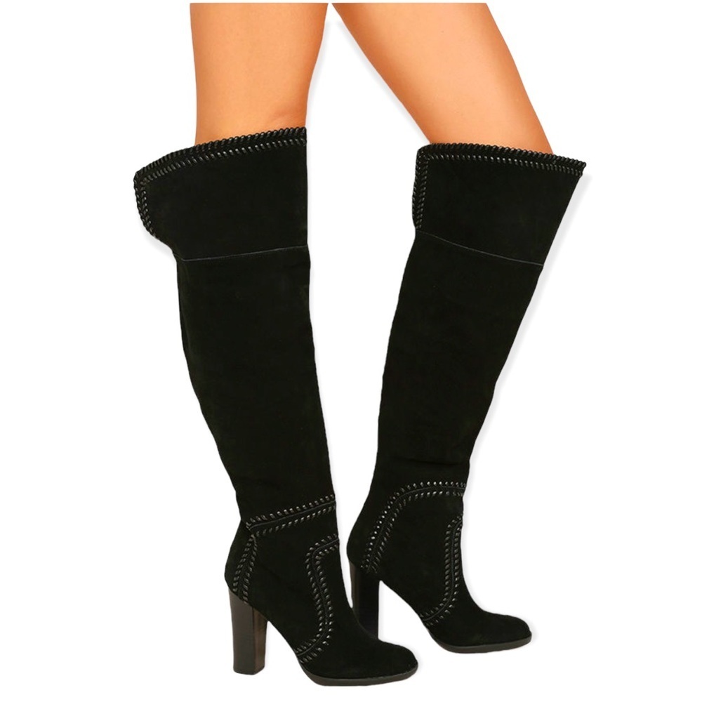REPORT Liola Black Suede Leather Over the Knee Boots 9 NWT